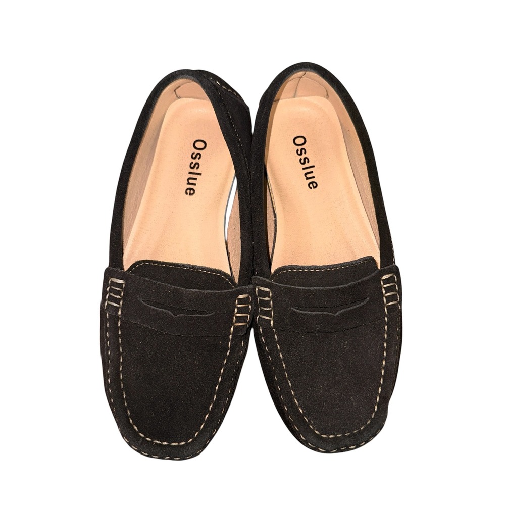 Osslue Driving Women 8 Pre-Owned Penny Loafers Black Suede Contrast White Stitch
